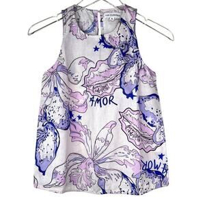 Las Surenas Amor Embroidered Printed Linen Cotton Tank Top Floral Blue Pink SM